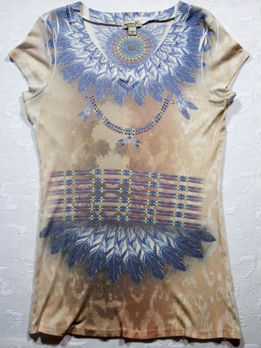 One World V-Neck Cap Sleeve Ribbed Knit Women's Top Beige Blue Feather Design L